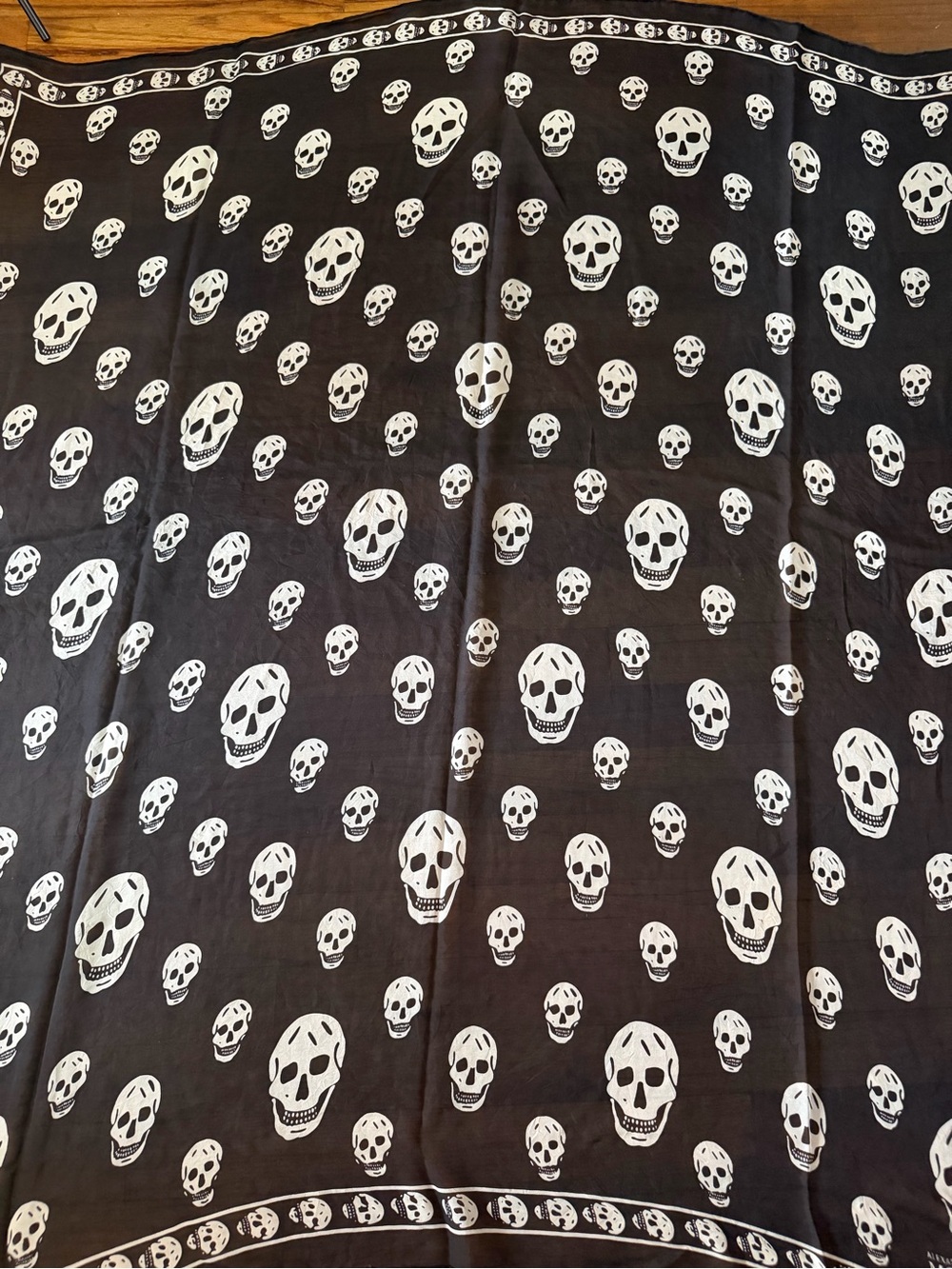 Alexander McQueen Iconic Black Skull Print Silk Scarf.